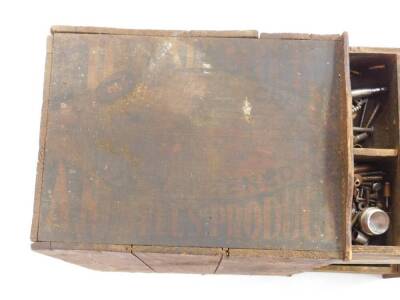 A vintage rustic pine five drawer tool chest, containing screws, nails, bolts, etc, 50.5cm H, 24cm W, 32cm D. - 4