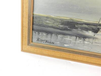 R J Scott (British, 20thC). Norfolk coastal landscape, oil on board, signed, 26cm x 76cm. - 2