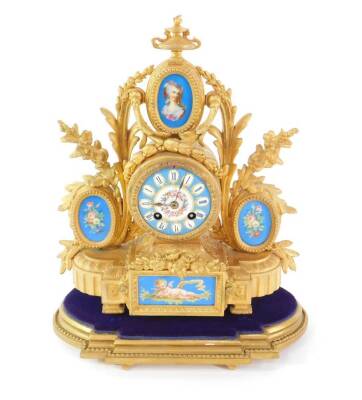 A late 19thC French ormolu and porcelain mantel clock, the circular dial bearing Roman numerals, painted with flowers and jewelled against a bleu celeste ground, eight day movement, signed F C, 858, with bell strike, the case cast with flowers, leaves and