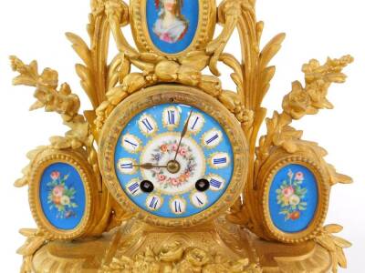 A late 19thC French ormolu and porcelain mantel clock, the circular dial bearing Roman numerals, painted with flowers and jewelled against a bleu celeste ground, eight day movement, signed F C, 858, with bell strike, the case cast with flowers, leaves and - 2