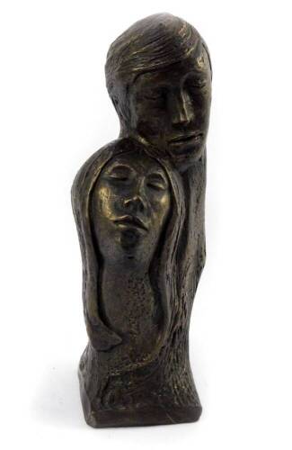 A late 20thC bronzed sculpture, possibly Scandinavian, modelled as bust of a man and woman in tender embrace, 25.5cm H.