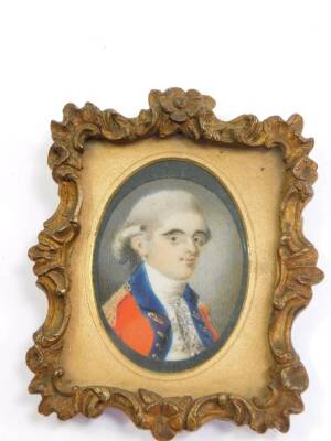 A late 18thC military portrait miniature, bears label verso, Crosse, Only Brother Of ... Crosse of Shorehill Lane, 42mm x 33cm.