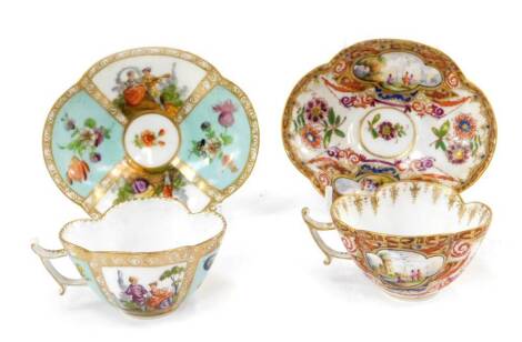 Two Meissen Helena Wolfsohn 19thC porcelain coffee cups and saucers, each of quatrelobe form, one decorated with alternate panels of courting couples and flowers against a turquoise ground, the other in the manner of Horoldt, with vignettes of figures by 
