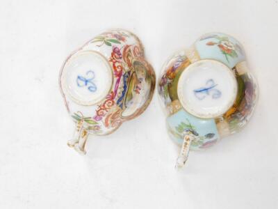 Two Meissen Helena Wolfsohn 19thC porcelain coffee cups and saucers, each of quatrelobe form, one decorated with alternate panels of courting couples and flowers against a turquoise ground, the other in the manner of Horoldt, with vignettes of figures by - 4