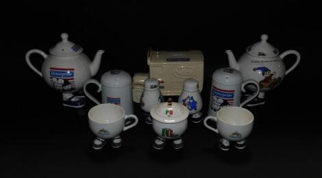 A Carlton ware two feet teapot Noddy Drives to Town, similar Homepride teapot, Noddy salt and pepper cruet, Homepride sugar sifters, two Ovaline cups, PG Tips sugar box and cover, and a Homepride vintage van money box. (10)