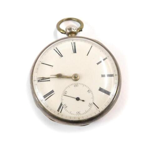 A late 19thC silver pocket watch, with engine turned silver casing, with circular central panel to rear, bearing initials J C, with a white enamel dial, and seconds dial, key wind, with enclosed movement stamped Marriott, 27 Farnchurch Street, London, 161