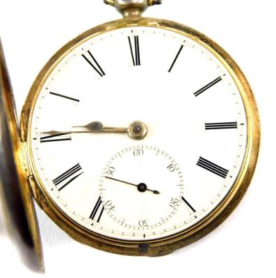 A late 19thC silver pocket watch, with engine turned silver casing, with circular central panel to rear, bearing initials J C, with a white enamel dial, and seconds dial, key wind, with enclosed movement stamped Marriott, 27 Farnchurch Street, London, 161 - 2