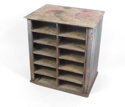 A vintage pine open chest, of two section twelve recess form, raised on a plinth base, 73cm H, 65.5cm W, 49cm D.