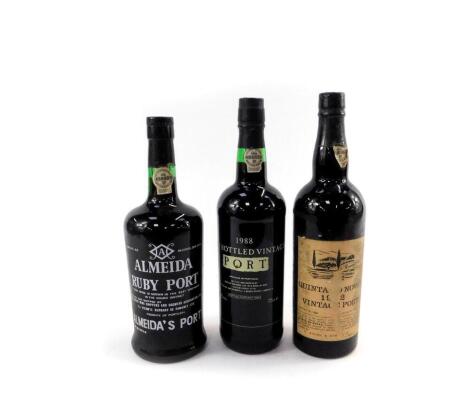 A bottle of Quinta do Noval Vintage Port 1982, bottle of Almeida's Port, and a bottle of Late Vintage Port 1988. (3)