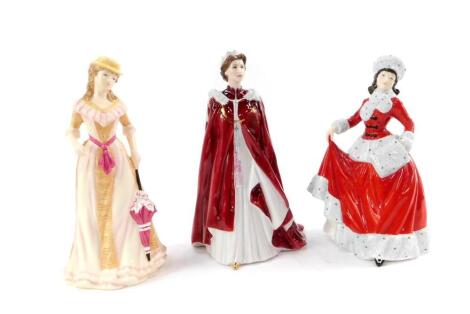 A Royal Worcester porcelain figure of Her Majesty The Queen, In Celebration of Her 80th Birthday 2006, dressed in the robes of The Order of the British Empire, together with a Royal Doulton figure modelled as Winter HN5314, and another modelled as Spring 