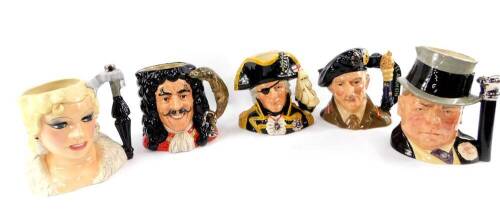 Five Royal Doulton large character jugs, comprising Vice Admiral Lord Nelson D6932, Field Marshall Montgomery D6908 with certificate, Captain Hook D6947, with certificate, Mae West D6688, and W C Fields D6674.