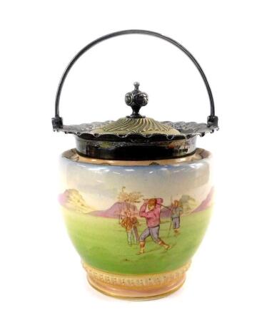 A late 19thC W Wood & Company pottery biscuit barrel, printed and painted with a golfing scene with plated mount and lid, pattern No B1341, printed and painted marks.