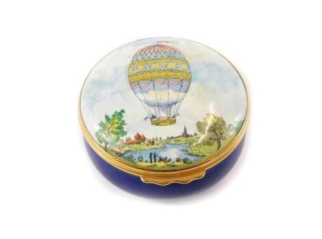 An Halcyon Days Bilston enamel circular box and cover, to Commemorate the Ascent at Strasbourg by Mr Adoine in Montgolfiere Balloon, boxed.