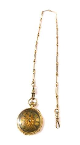 A lady's 18ct gold cased pocket watch, open faced, keyless wind, dial with engraved foliate and floral decoration, chapter ring bearing Roman numerals, the case embossed with floral and foliate decoration, shield reserve, on a 9ct gold chain, 39.7g all in