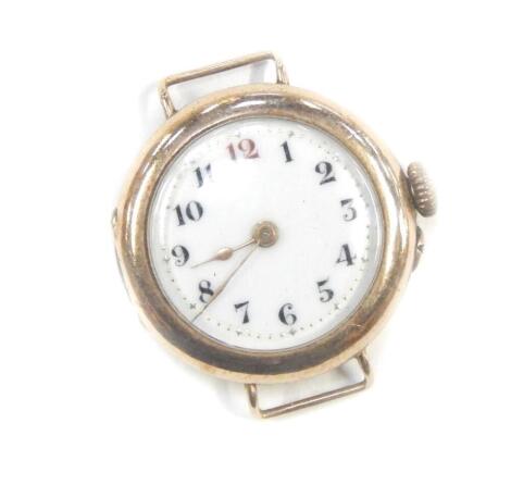 An early 20thC lady's 9ct gold cased wristwatch, circular white dial bearing Arabic numerals, Swiss movement, the case of circular plain form, date engraved, 14.4g all in.