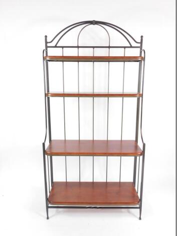 A Charleston Forge American cast iron and mahogany waterfall whatnot, with four shelves, raised on slender square legs, 195cm H, 95.5cm W, 38.5cm D.