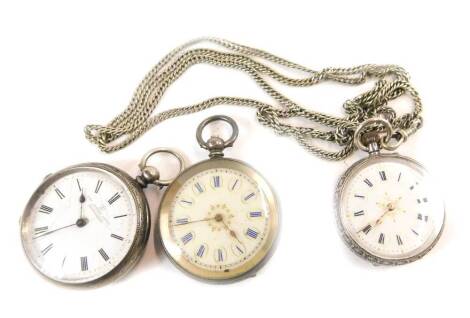 Two lady's late 19thC silver cased pocket watches, open faced, key wind, enamel dials bearing Roman numerals, case with floral and foliate engraving, shield reserves, one with chain, and a further pocket watch, The London Lever Registered, enamel dial bea