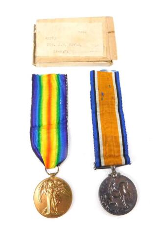 A Great War medal pair, named to Pte J H Hoyle, Lincolnshire Regiment, 41783, comprising Great War and Victory medals.