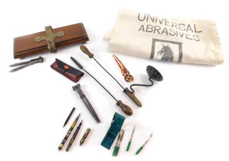 A Conway Stewart pen and pencil set, vintage manicure set, trouser press, hair ornament, lobster claw crackers, Tally iron, etc. (qty)