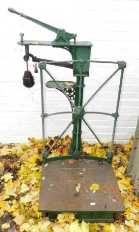 W & T Avery Victorian cast iron green painted potato scales, with weights, 133cm H.