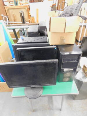 A quantity of computer equipment, to include Zalman computer, a Think server, various keyboards, a Samsung CLX6260ND laser printer/copier, a View Sonic computer screen and a Hanns G computer screen, additional Tower PC and an additional monitor. (9)