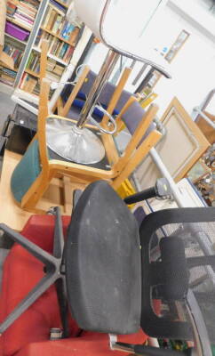 A quantity of used office furniture, to include coffee table, four chairs, bistro stool, shelf, pasting table board, air conditioning unit, swivel office chair, tub chair, microwave, etc. (a quantity)