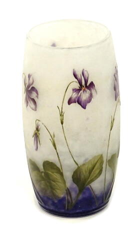 A Daum art glass vase, with acid etched decoration of purple irises, on a frosted ground, signed Daum Nancy, 12cm H.