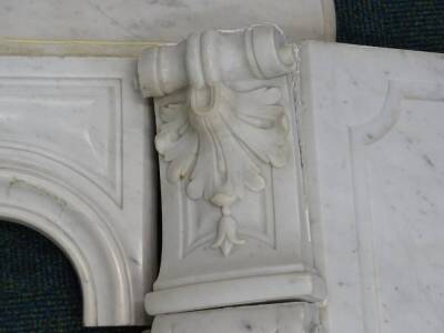 A French marble fire surround, the serpentine shaped mantel above a frieze carved with scrolls, leaves, etc., flanked by similar supports, etc., 136cm W. - 3