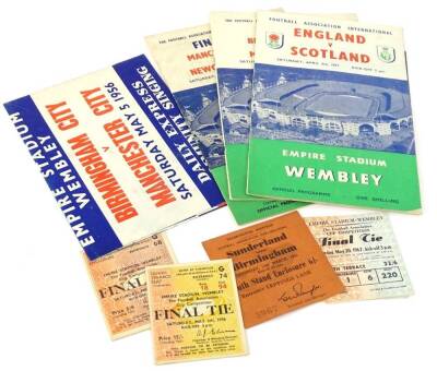 Three 1950's football programmes, the FA Cup final between Birmingham City and Manchester City 1956, the FA Cup final Manchester City Vs Newcastle 1955 and an International game between Scotland and England from April 1957, each to include song sheets and