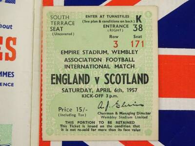 Three 1950's football programmes, the FA Cup final between Birmingham City and Manchester City 1956, the FA Cup final Manchester City Vs Newcastle 1955 and an International game between Scotland and England from April 1957, each to include song sheets and - 2