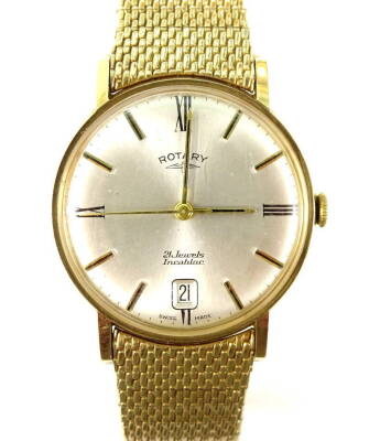 A vintage Rotary gents wristwatch in 9ct case, expanding gold plate bracelet, with date aperture.