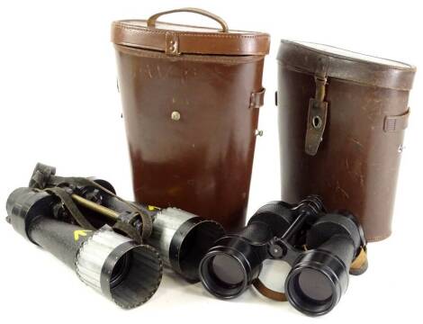 A pair of Barr and Stroud military binoculars, with ebonised metal mounts, leather and part aluminium shutters, in a fitted case, and a pair of Ross binoculars. (2)