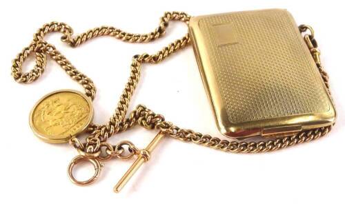 A 9ct gold cigarette case watch chain and full gold sovereign, the gold cigarette case with engine turned decoration and hallmarked 9ct makers stamp C&C, 6cm W, attached with clip clasp to the 9ct gold watch chain, with clips and T bar, 46cm L overall, at