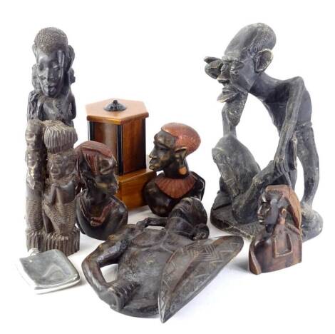 A collection of tribal art, to include ebonised figures, etc., the largest 33cm H, and a walnut cigarette dispenser.