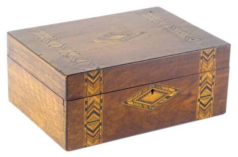 A Victorian walnut and parquetry work box, 30cm W.