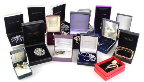 A collection of modern costume jewellery brooches, to include John Richard, H Samuel, Debenhams, etc., all paste stone set, together with a bracelet and necklace. (1 tray)