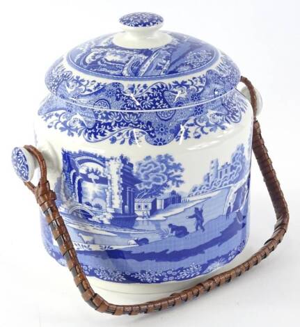 A Spode blue Italian pattern biscuit barrel and cover, with woven handle and original box.