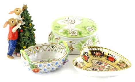 Various ceramics, to include a Royal Crown Derby heart shaped Imari pattern dish, Royal Doulton Father Bunnykins and Harry Resin Christmas figure, Dresden oval basket and a German Adaler porcelain box and cover, moulded with flowers, etc.