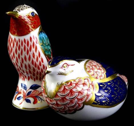 A Royal Crown Derby porcelain figure of a humming bird, gold button to underside, and a quail with gold button. (2)