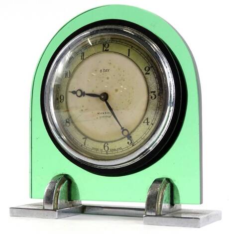 An Art Deco green glass and chrome plated mantel timepiece, the dial stamped 8 days and Mansell, Lincoln, 14cm W.