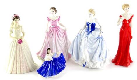 Four Royal Doulton porcelain ladies, Wedding Celebration, Susan, Hope and Elaine (miniature) and a Royal Worcester figurine to celebrate the life of Diana, Princess of Wales (5).