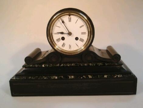 A 19thC black slate mantel and marble mantel clock