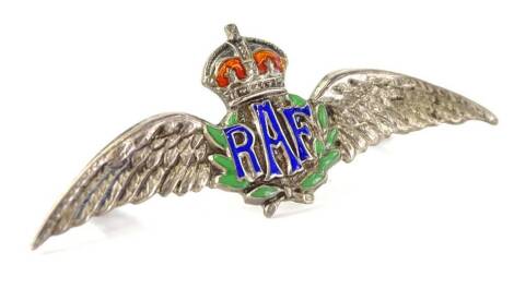 A silver and enamel RAF wing badge, set with green, red and blue enamel, marked to rear Sterling, 4.5cm W, 4.2g all in.