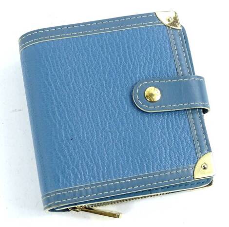 A Louis Vuitton leather bifold wallet, in blue, with brass zipper, stamped Louis Vuitton made in France to interior.