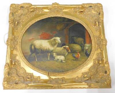 STC York. Stable scene with sheep, lamb and chickens, oil on board, oval, 48cm x 59cm.