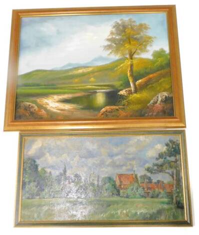 C H Bagnoli. Village scene with church, oil on board, 30cm x 57cm, and an oil painting river landscape. (2)