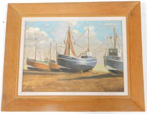 Strickland. Fishing boats, oil on board, 28cm x 38cm.