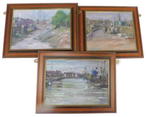 20thC School. Views of Boston, titled Haven Quay side, Boston Low tide, etc., oil on canvas, 25cm x 35cm. (3)