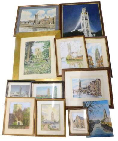 Various watercolours and prints, relating to the Boston area, to include, Boston Stump, signed Daphne, another DM Swann, etc. (a quantity)