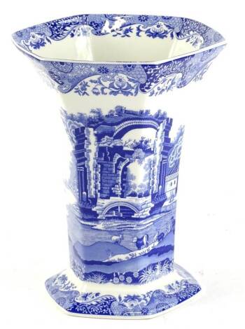 A Spode blue Italian hexagonal porcelain vase, 26cm H in original box.